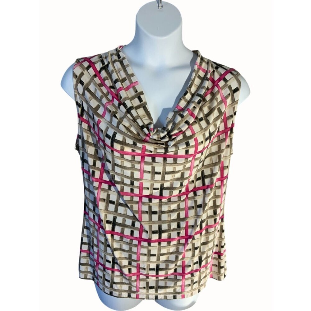 Worthington Women Cowl Neck Multicolor Sleeveless Stretch Plaid Print Blouse XL